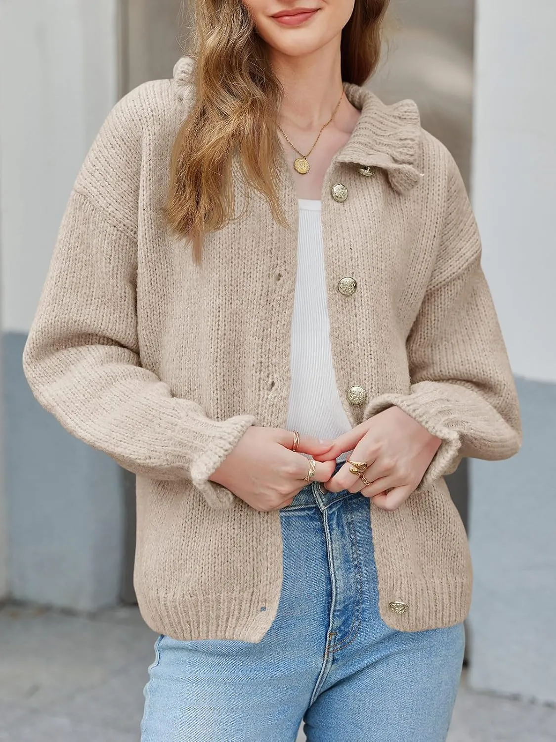 Saodimallsu Womens Ruffle Cardigan Oversized Button Up Fall Trendy Ribbed Knit Open Front Long Sleeve Loose Cute Sweater