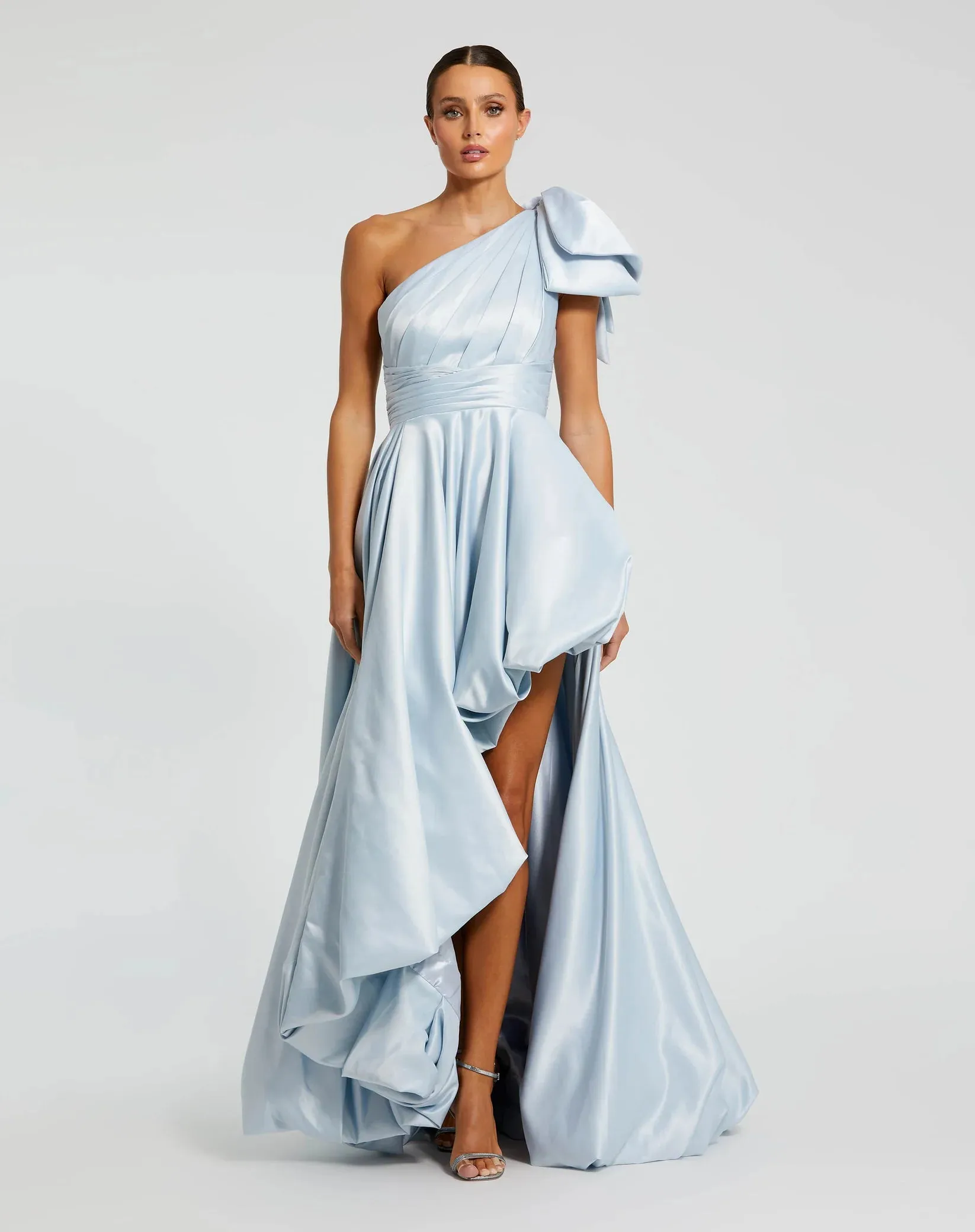Satin One Shoulder Bow Gown - Black