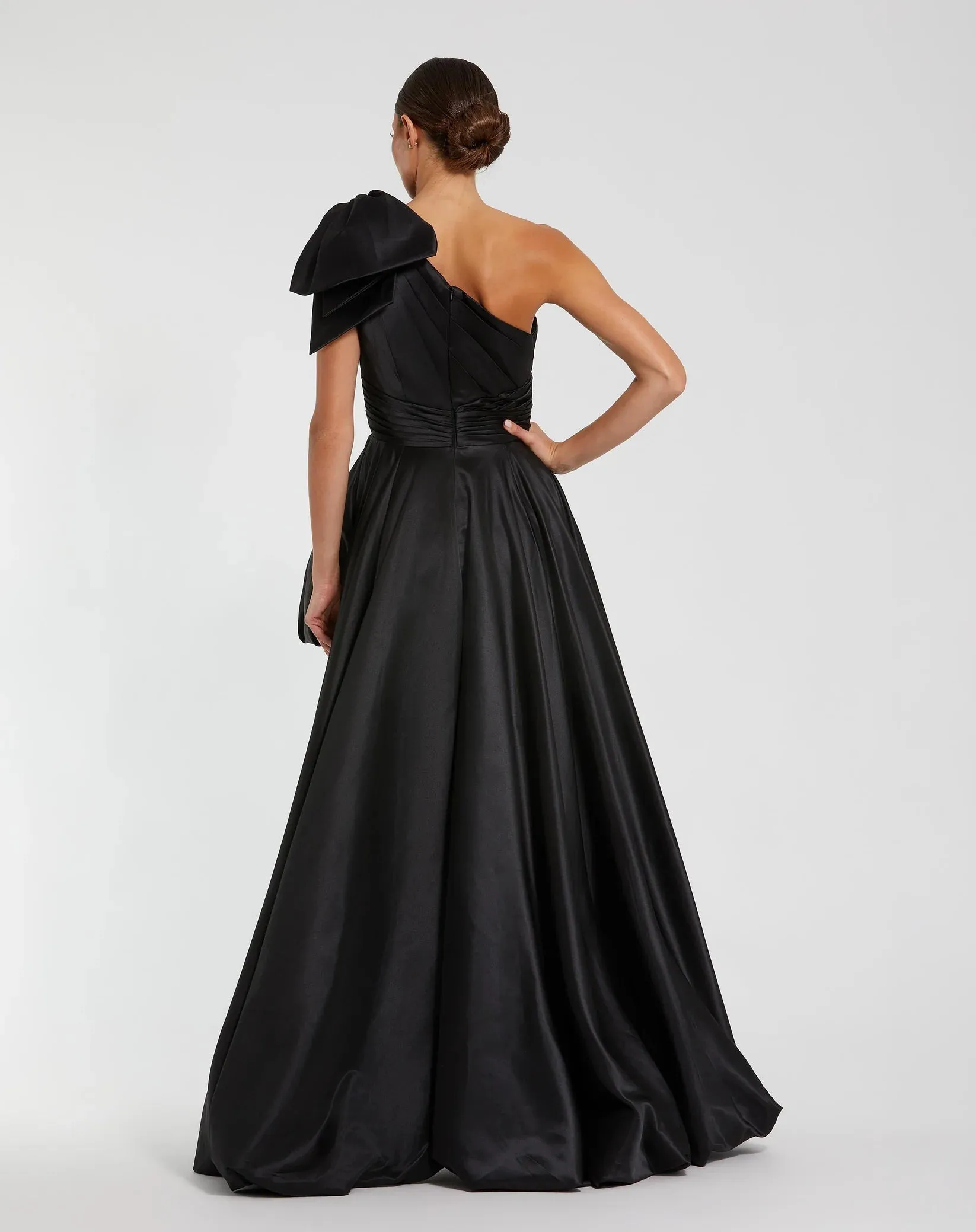 Satin One Shoulder Bow Gown - Black