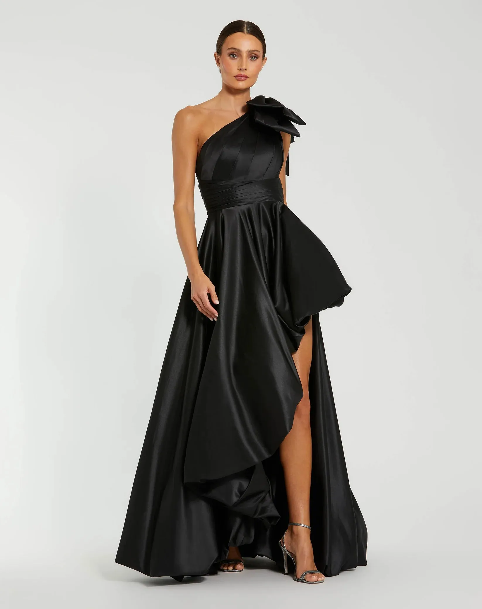 Satin One Shoulder Bow Gown - Black