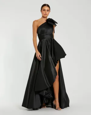Satin One Shoulder Bow Gown - Black