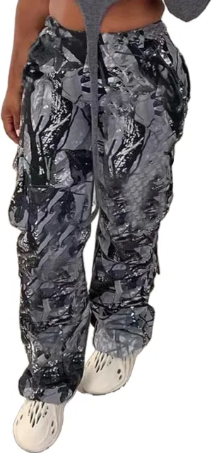 Seltaon Fall Camo Pants for Women Camouflage Army Fatigue Wide Leg Baggy Pants Trousers Plus Size