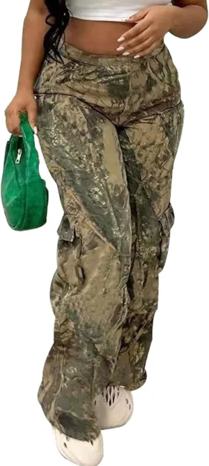 Seltaon Fall Camo Pants for Women Camouflage Army Fatigue Wide Leg Baggy Pants Trousers Plus Size