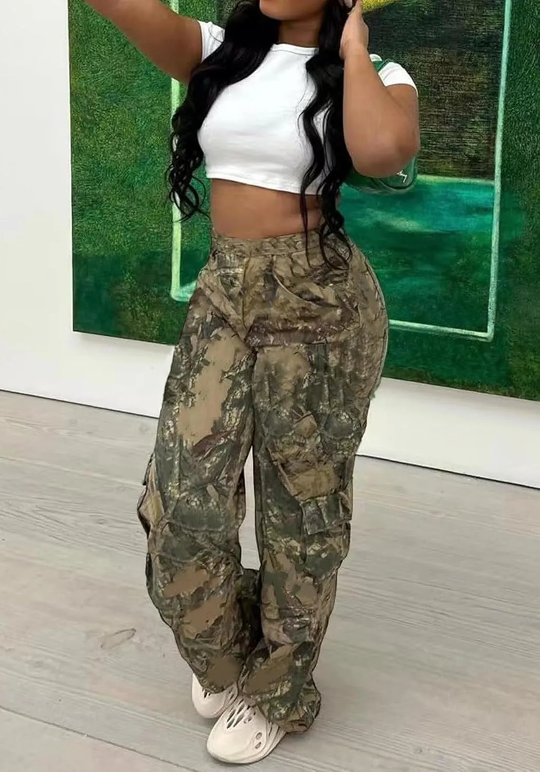 Seltaon Fall Camo Pants for Women Camouflage Army Fatigue Wide Leg Baggy Pants Trousers Plus Size