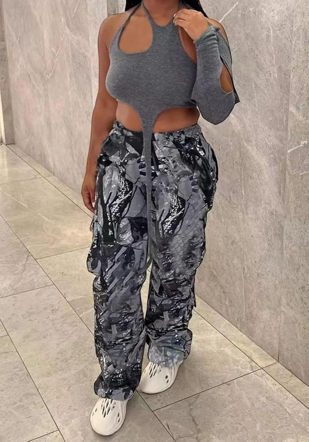 Seltaon Fall Camo Pants for Women Camouflage Army Fatigue Wide Leg Baggy Pants Trousers Plus Size