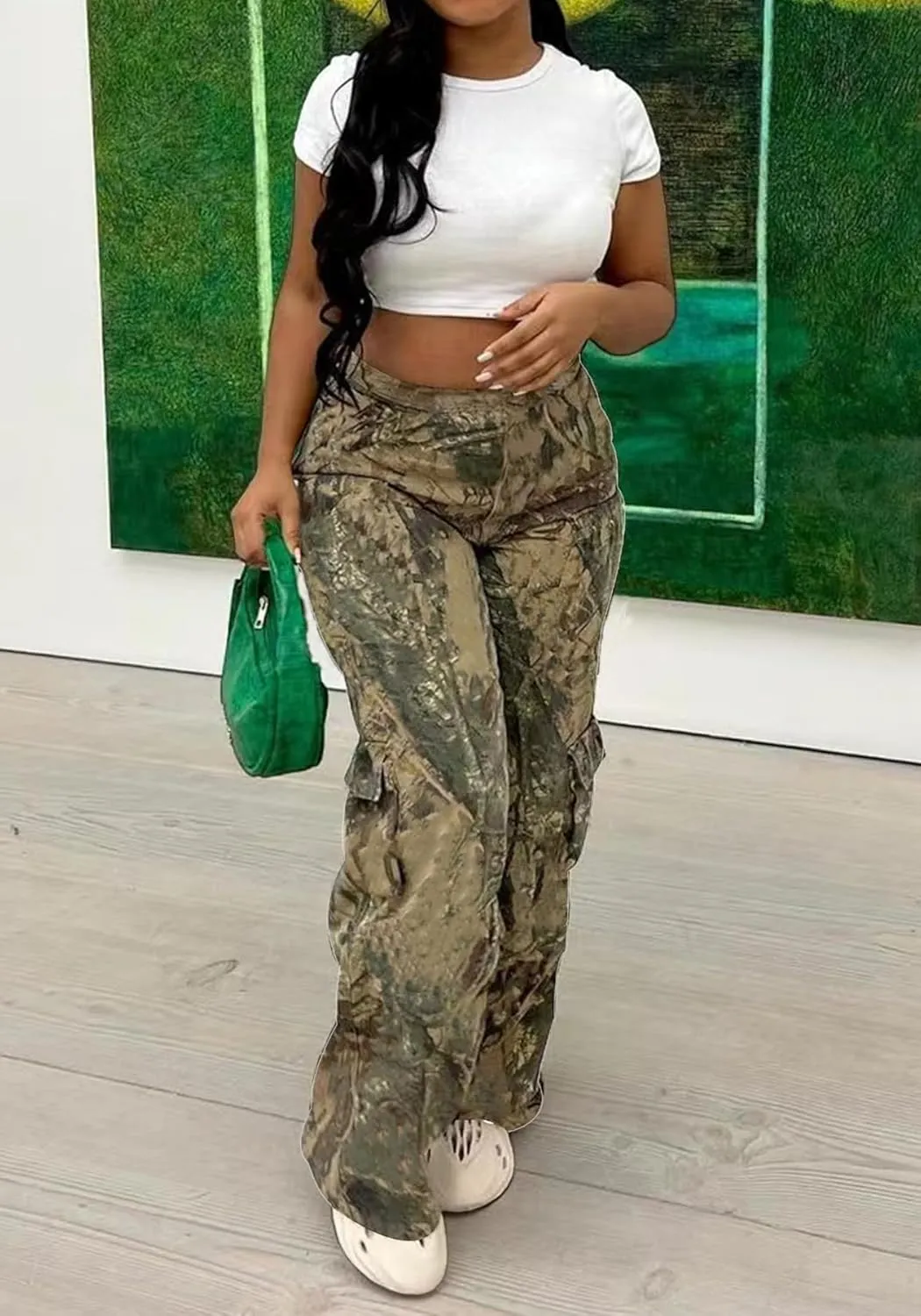 Seltaon Fall Camo Pants for Women Camouflage Army Fatigue Wide Leg Baggy Pants Trousers Plus Size