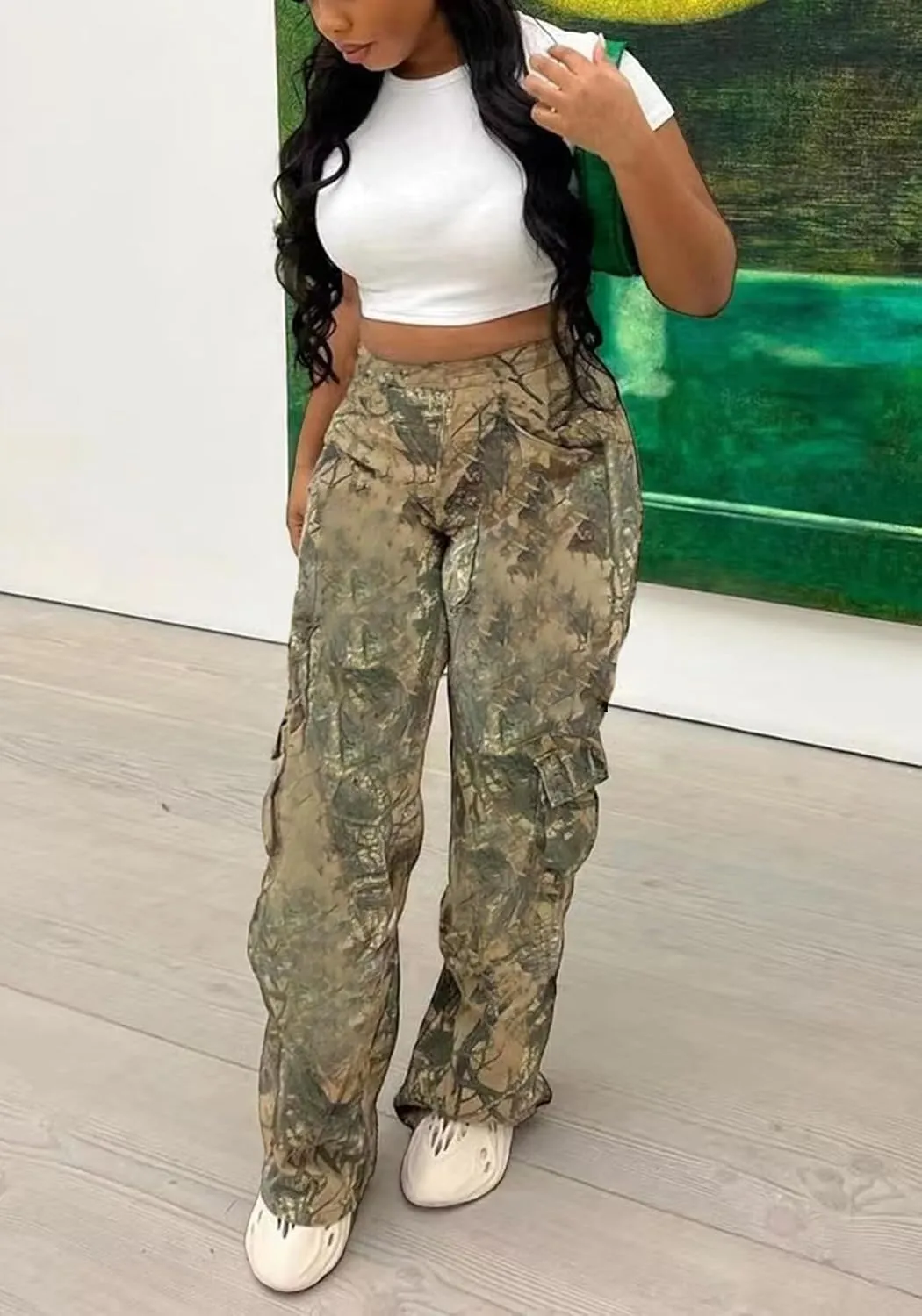 Seltaon Fall Camo Pants for Women Camouflage Army Fatigue Wide Leg Baggy Pants Trousers Plus Size