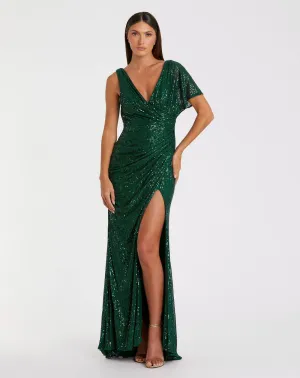 Sequin asymmetrical draped trumpet gown - Emerald Sequin