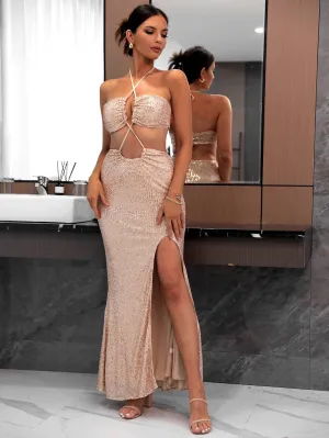Sequin Halter Neck Cutout Split Dress
