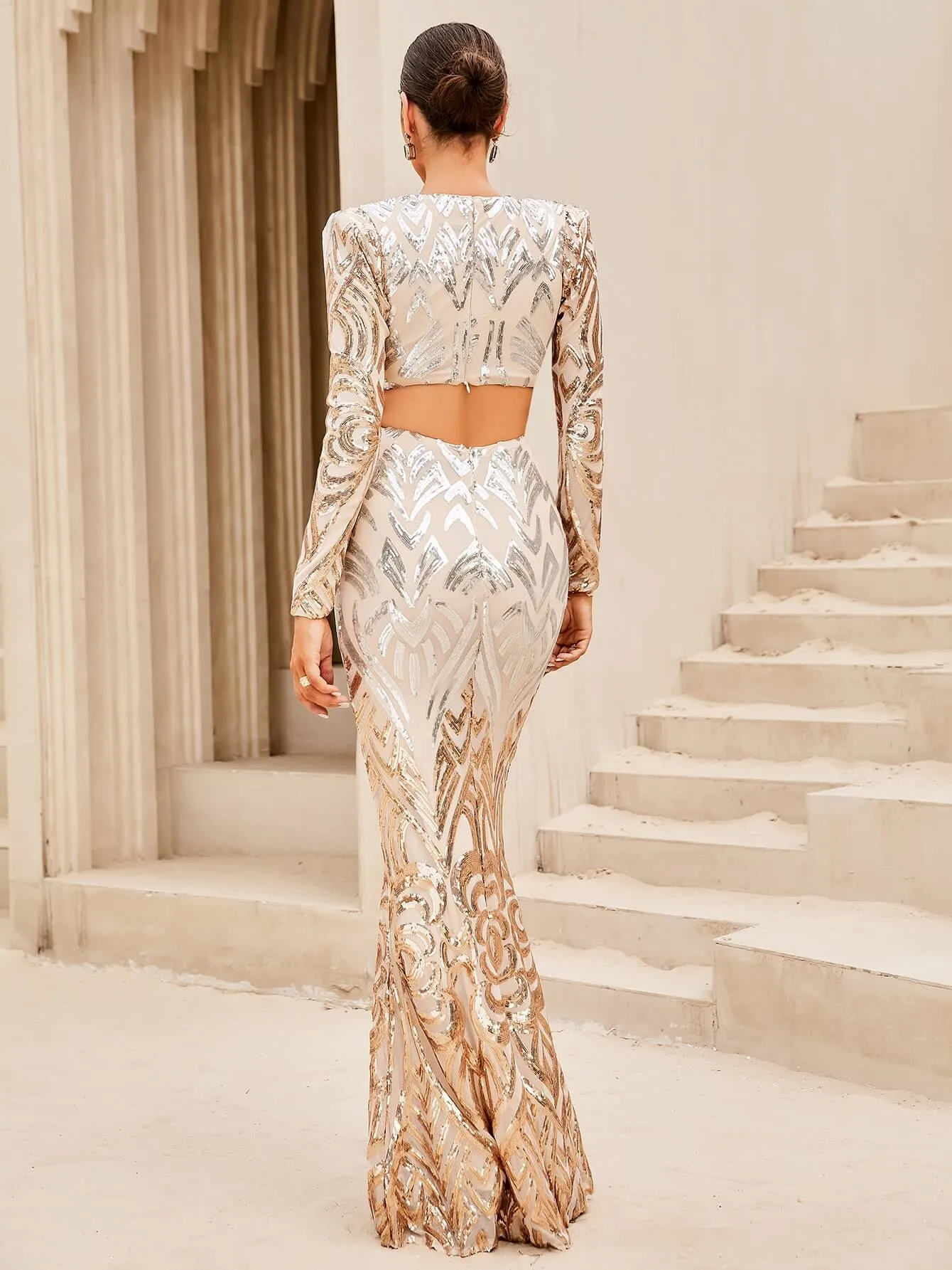 Sequin Plunge Cutout Fishtail Dress