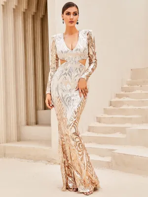 Sequin Plunge Cutout Fishtail Dress