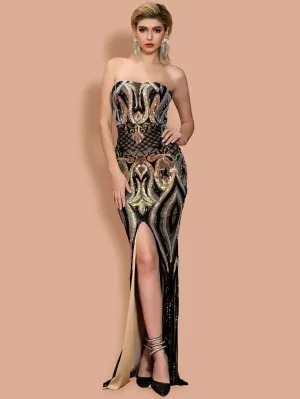 Sequin Split Strapless Floor-Length Dress