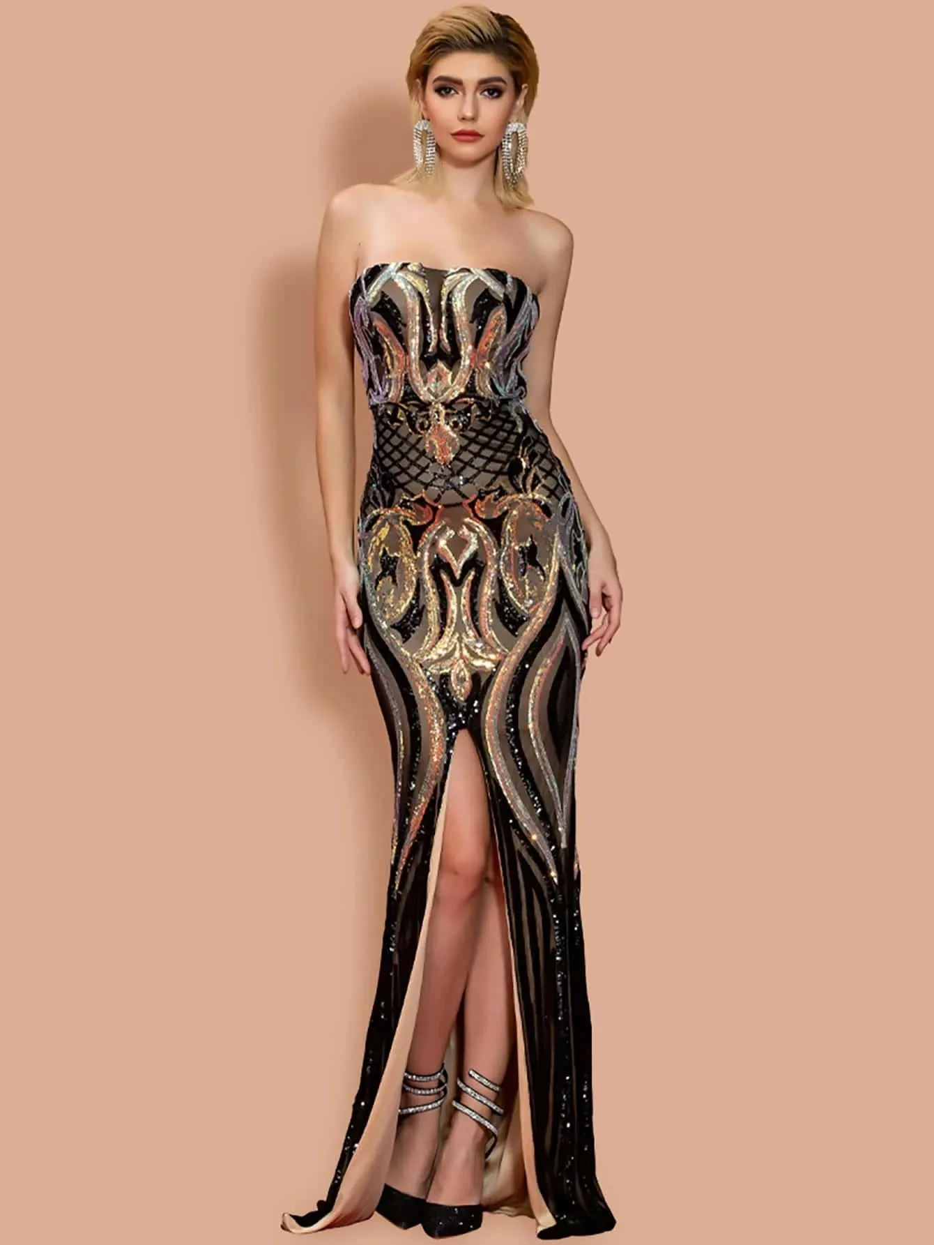 Sequin Split Strapless Floor-Length Dress