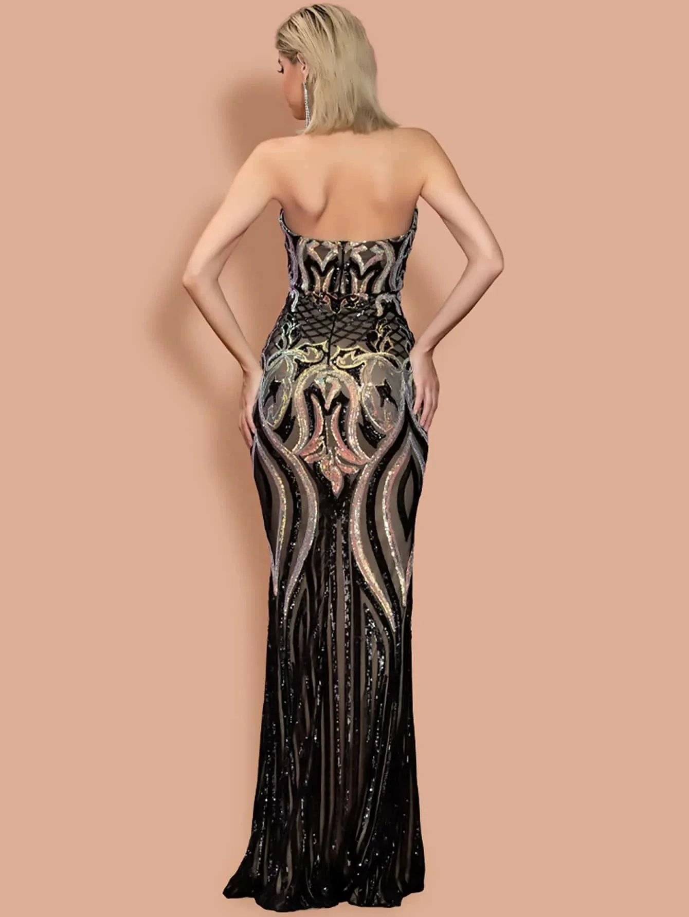 Sequin Split Strapless Floor-Length Dress