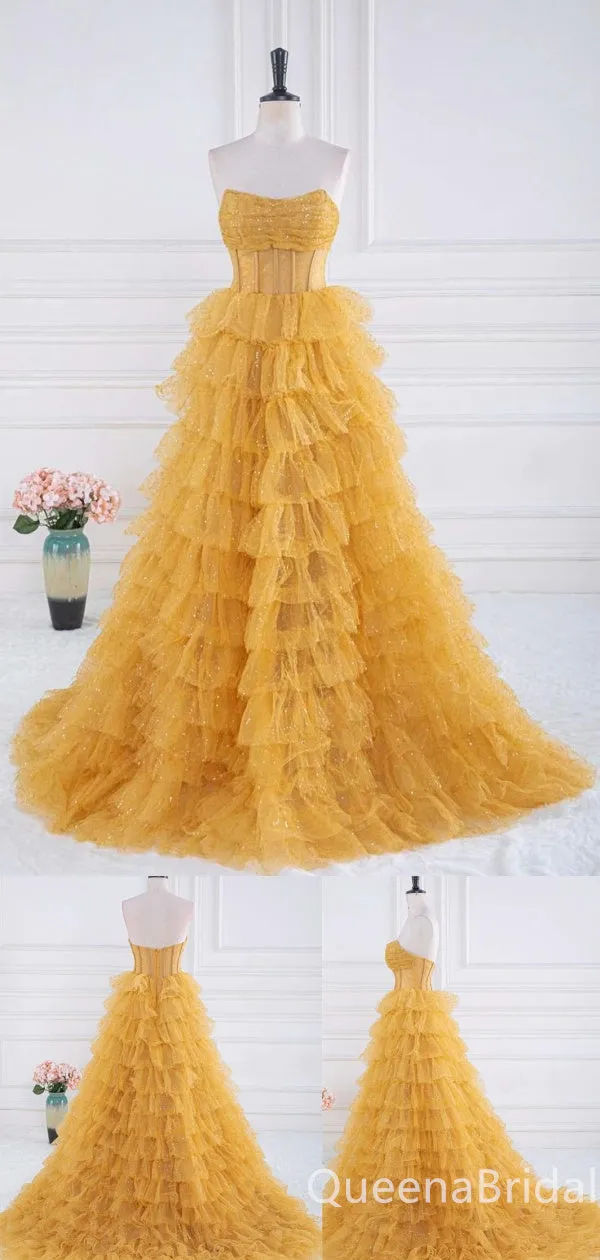 Sexy Elegant Strapless A-line Layer Fluffy Evening Ball Gown Maxi Long Formal Dresses Prom Dresses,WGP911
