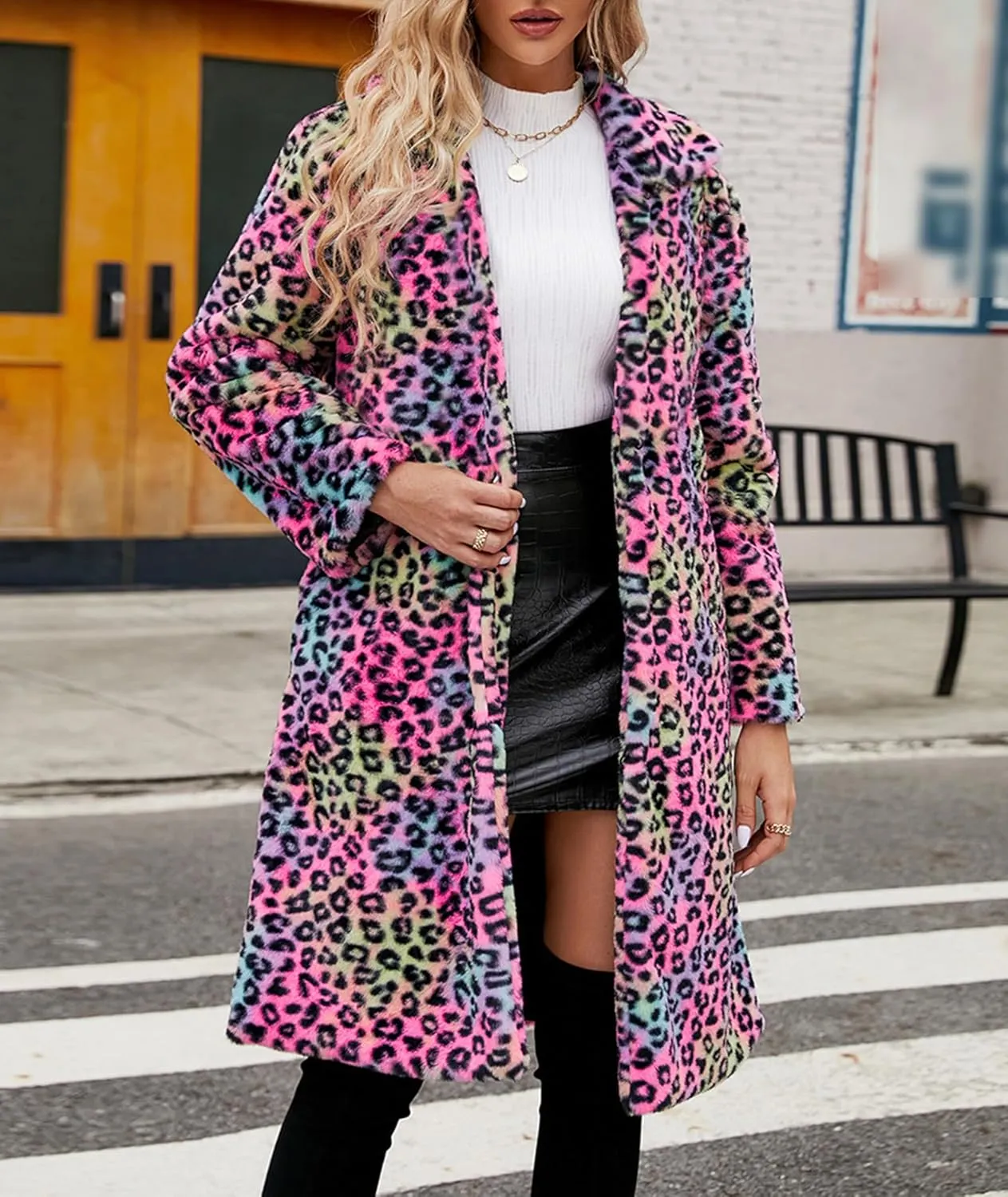 Sexyshine Women's Leopard Print Faux Fur Long Coat Winter Fall Lapel Collar Fuzzy Furry Trench Coat Open Front Jackets