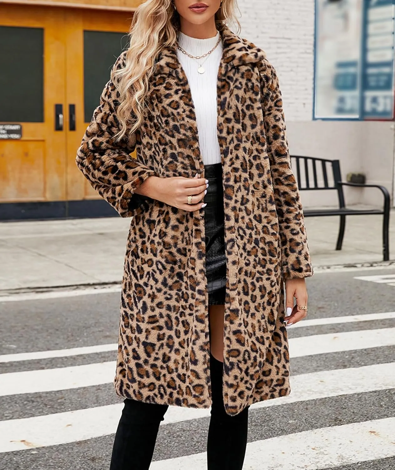 Sexyshine Women's Leopard Print Faux Fur Long Coat Winter Fall Lapel Collar Fuzzy Furry Trench Coat Open Front Jackets