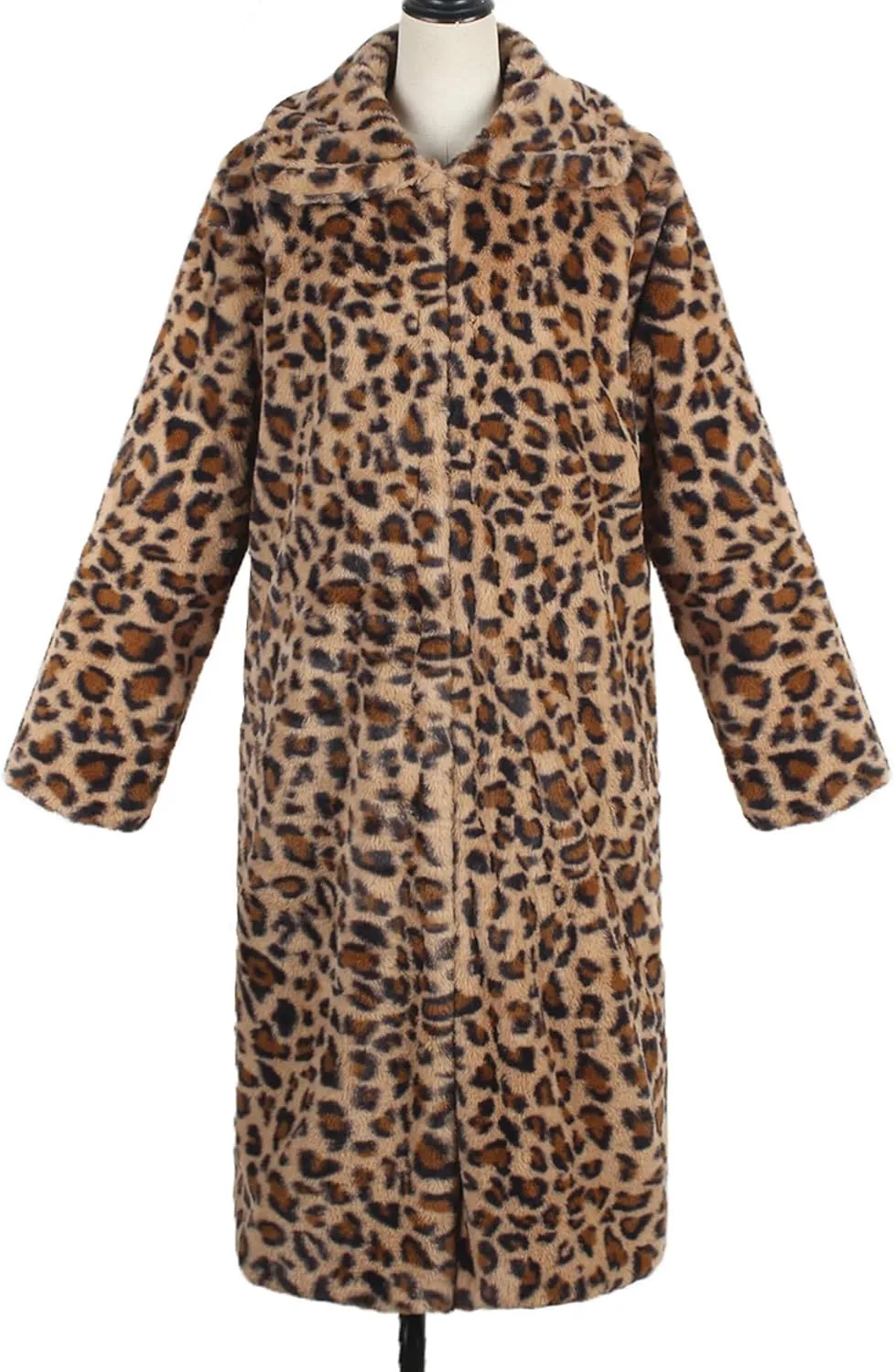 Sexyshine Women's Leopard Print Faux Fur Long Coat Winter Fall Lapel Collar Fuzzy Furry Trench Coat Open Front Jackets