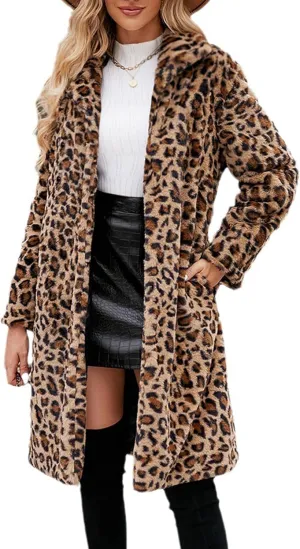 Sexyshine Women's Leopard Print Faux Fur Long Coat Winter Fall Lapel Collar Fuzzy Furry Trench Coat Open Front Jackets
