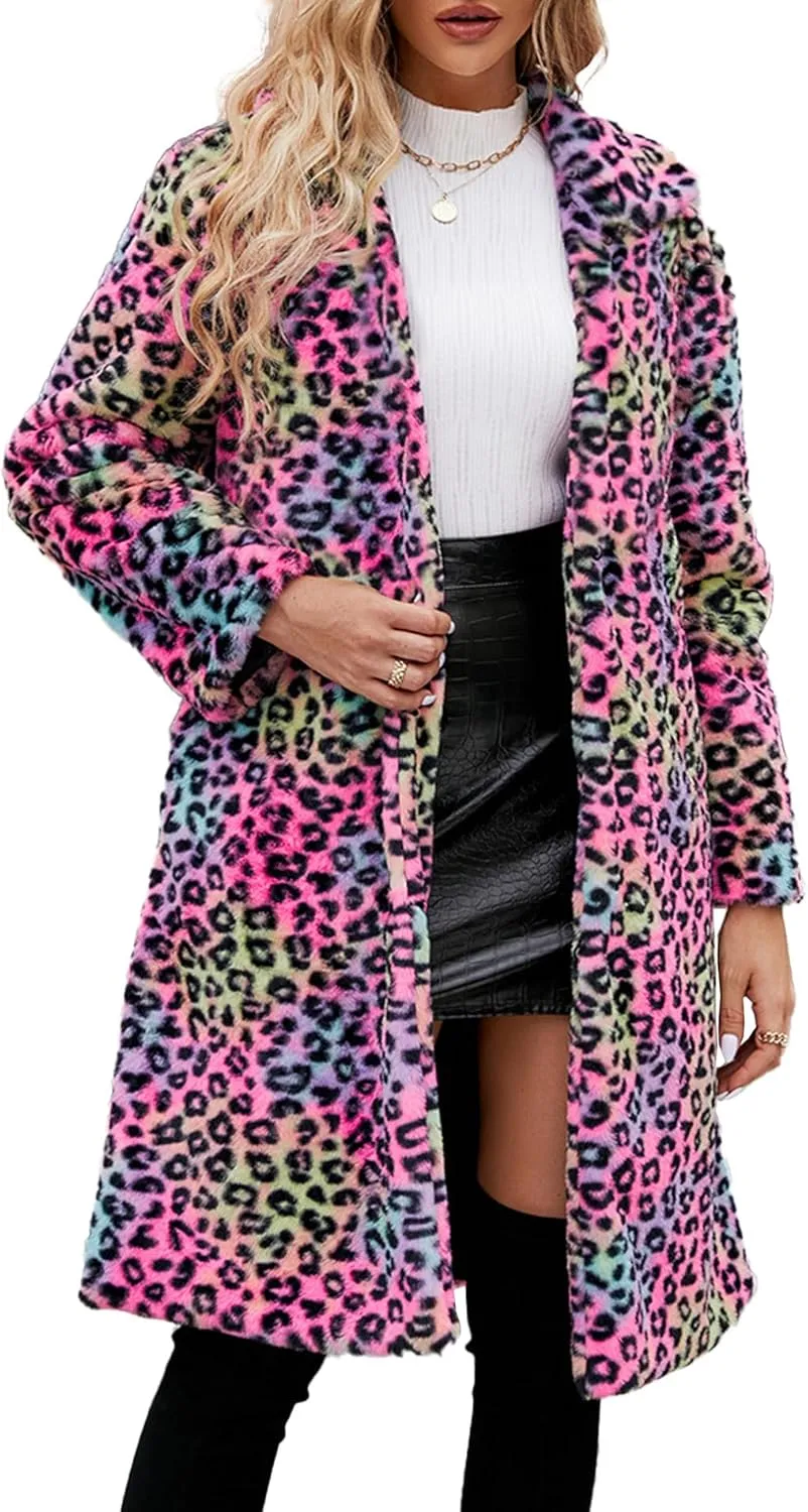 Sexyshine Women's Leopard Print Faux Fur Long Coat Winter Fall Lapel Collar Fuzzy Furry Trench Coat Open Front Jackets