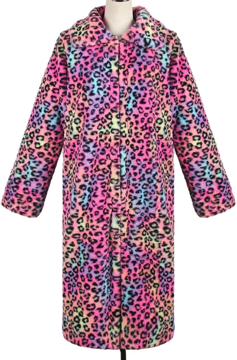 Sexyshine Women's Leopard Print Faux Fur Long Coat Winter Fall Lapel Collar Fuzzy Furry Trench Coat Open Front Jackets