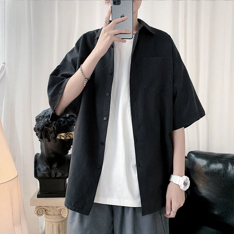 Short Sleeve Shirt Men Hong Kong Japanese Summer Mid-Length Tops Korean Trendy INS Shirt Casual Men Shirt