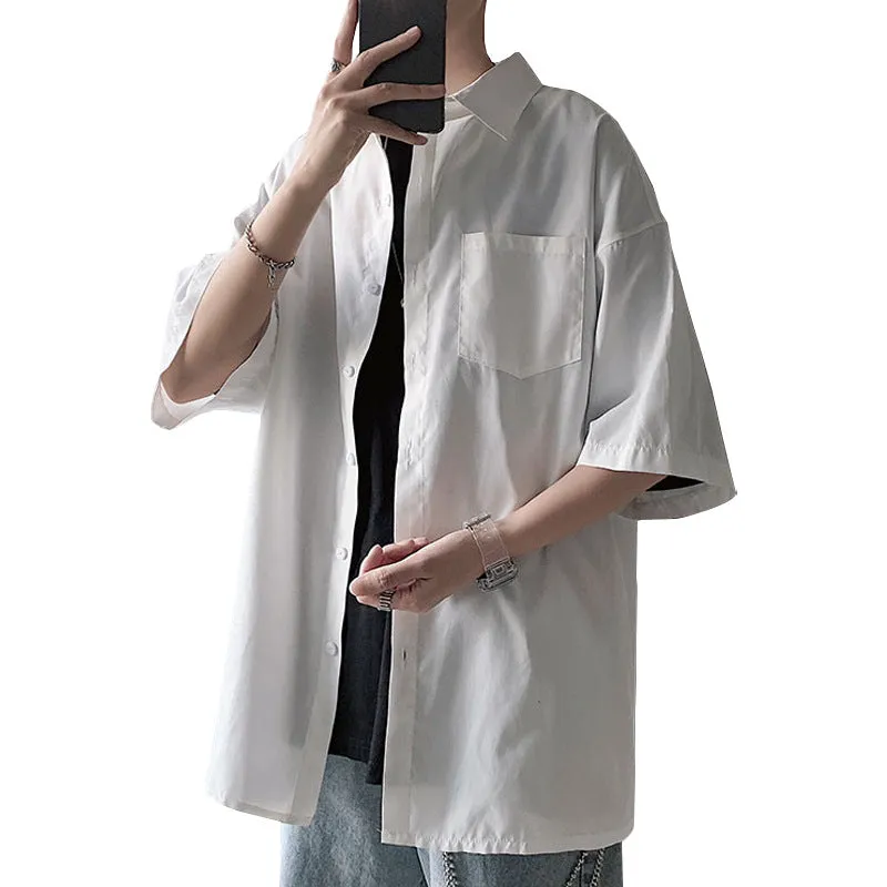 Short Sleeve Shirt Men Hong Kong Japanese Summer Mid-Length Tops Korean Trendy INS Shirt Casual Men Shirt