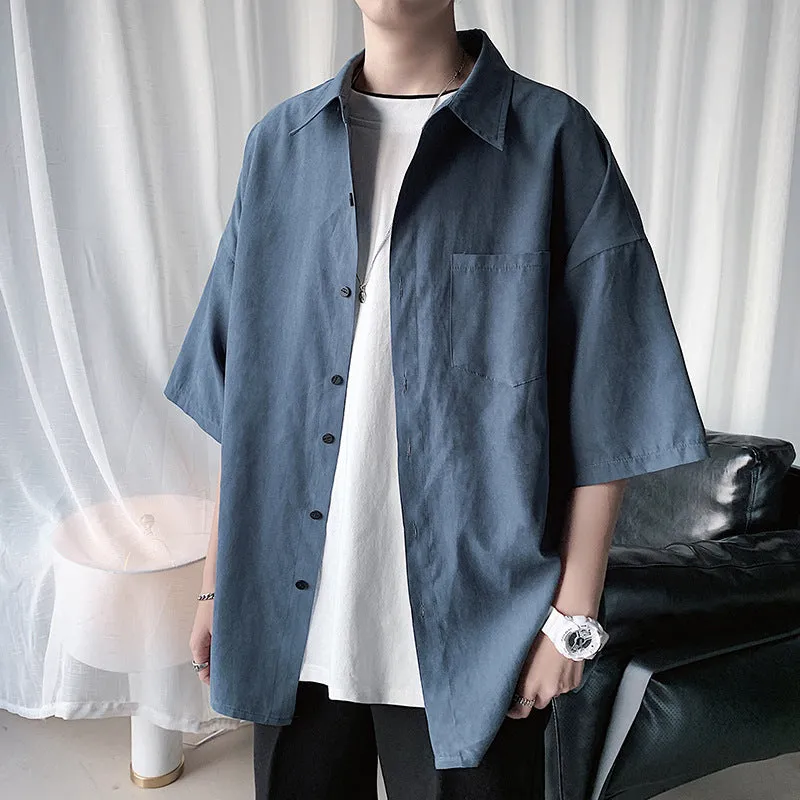 Short Sleeve Shirt Men Hong Kong Japanese Summer Mid-Length Tops Korean Trendy INS Shirt Casual Men Shirt