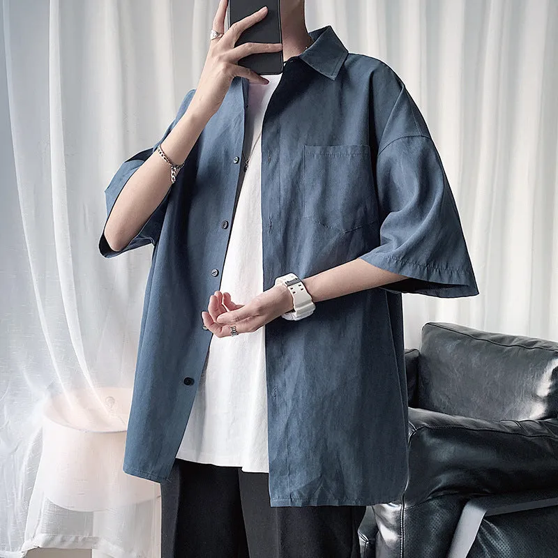 Short Sleeve Shirt Men Hong Kong Japanese Summer Mid-Length Tops Korean Trendy INS Shirt Casual Men Shirt