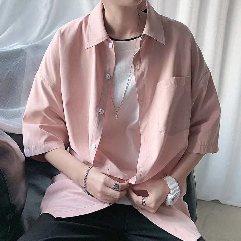 Short Sleeve Shirt Men Hong Kong Japanese Summer Mid-Length Tops Korean Trendy INS Shirt Casual Men Shirt