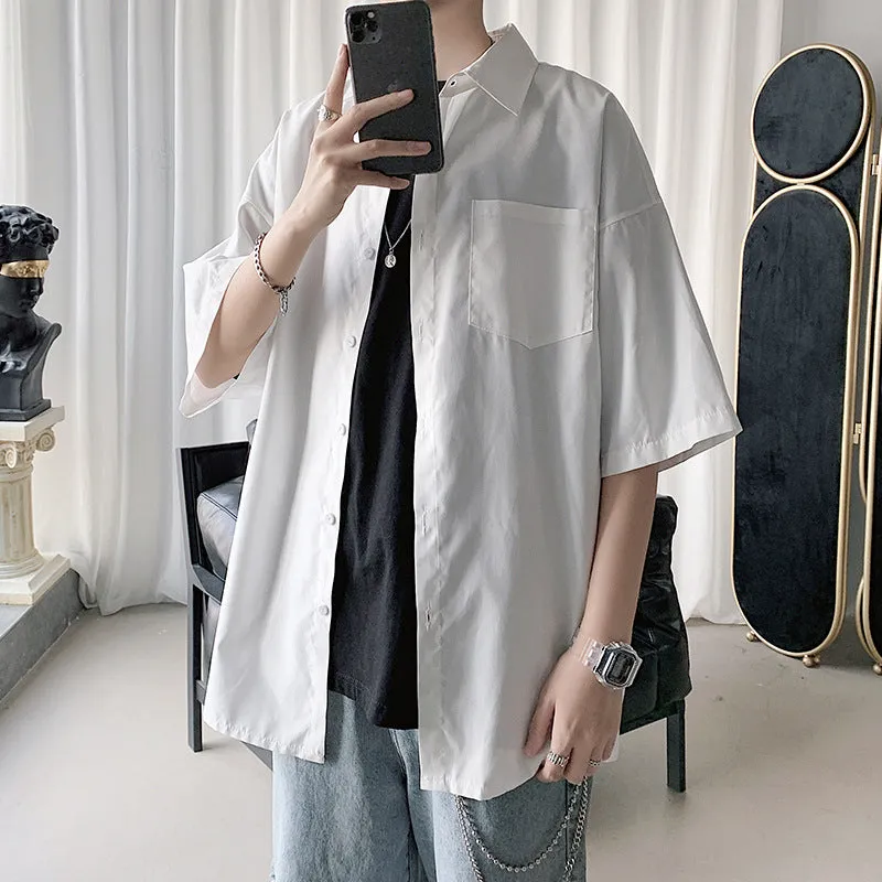 Short Sleeve Shirt Men Hong Kong Japanese Summer Mid-Length Tops Korean Trendy INS Shirt Casual Men Shirt