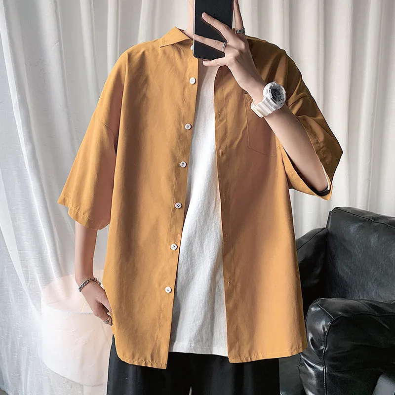 Short Sleeve Shirt Men Hong Kong Japanese Summer Mid-Length Tops Korean Trendy INS Shirt Casual Men Shirt