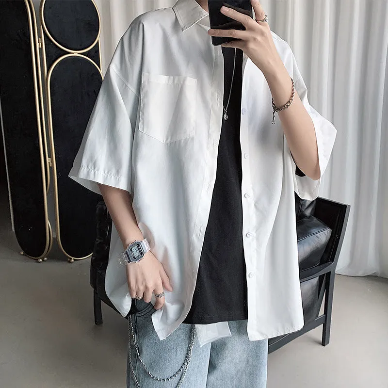 Short Sleeve Shirt Men Hong Kong Japanese Summer Mid-Length Tops Korean Trendy INS Shirt Casual Men Shirt