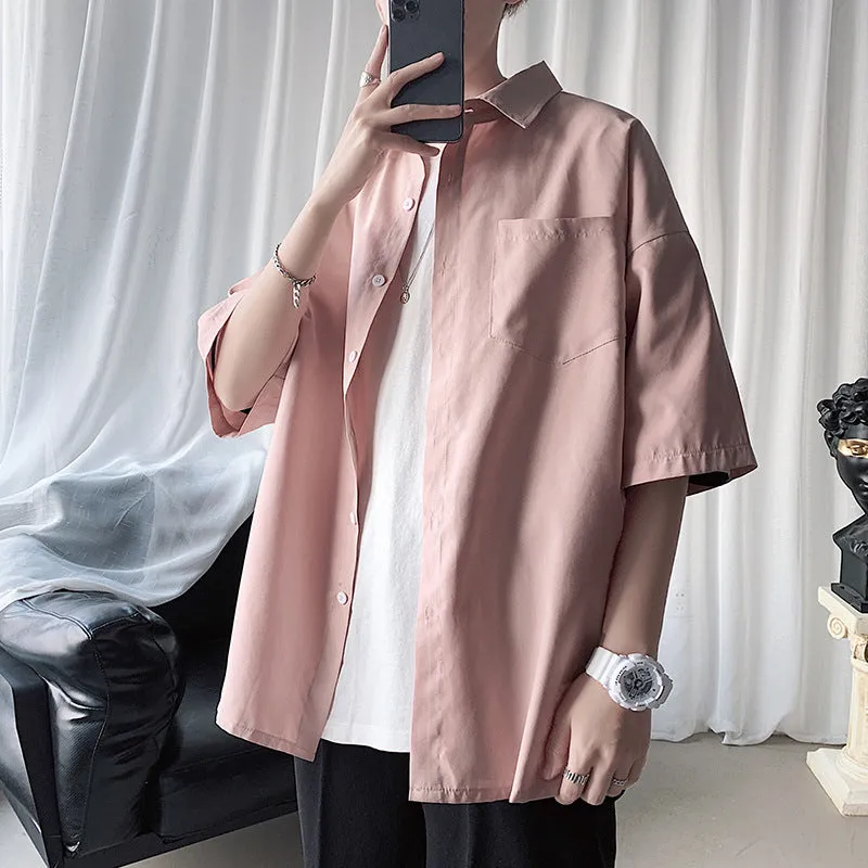 Short Sleeve Shirt Men Hong Kong Japanese Summer Mid-Length Tops Korean Trendy INS Shirt Casual Men Shirt