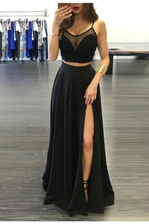 Simple Black Two Pieces Long Cheap Modest Prom Dresses Party Dresses PFP1023