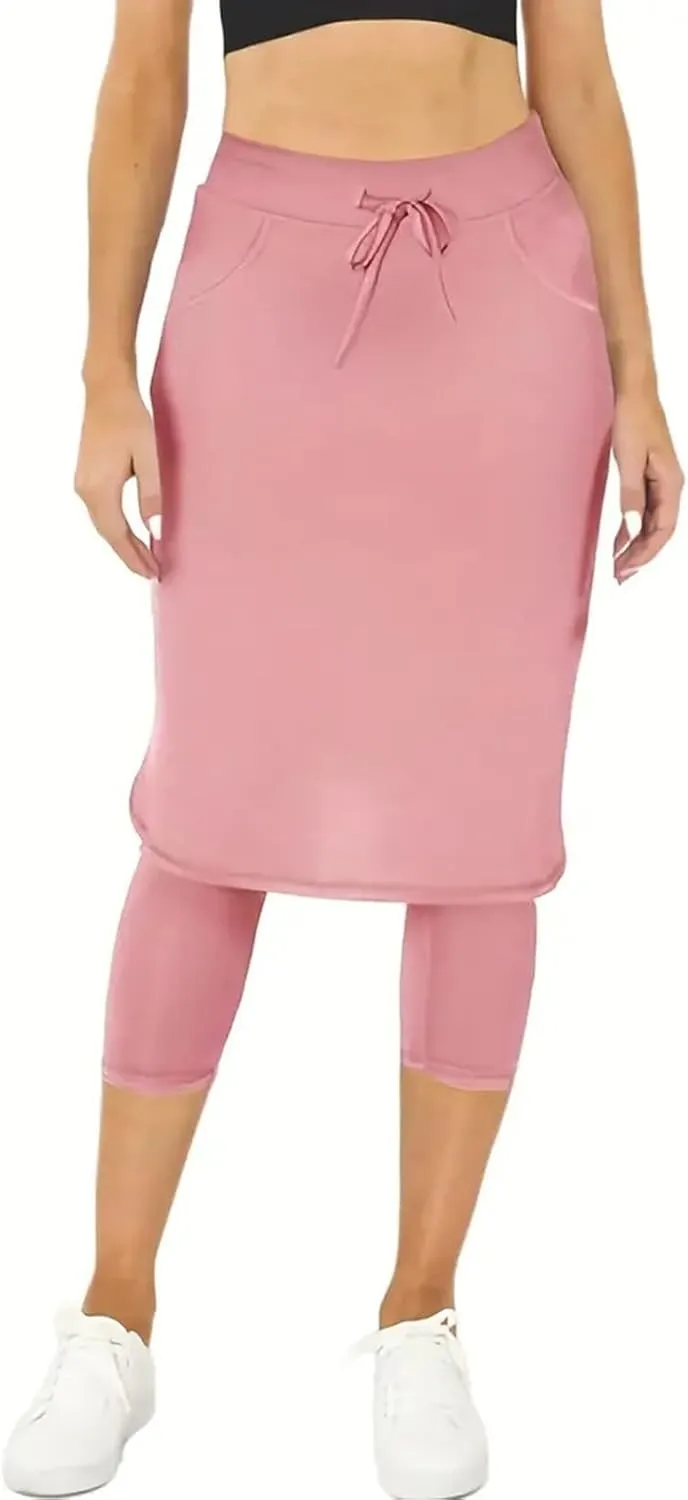 Skirts with Leggings Knee Length Cycling Tennis Golf Athletic Skorts for Women High Waisted Midi Skirts Fall