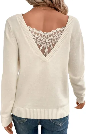 SOLY HUX Women's V Neck Sweaters Lace Back Pullover Sweater Long Sleeve Knit Tops