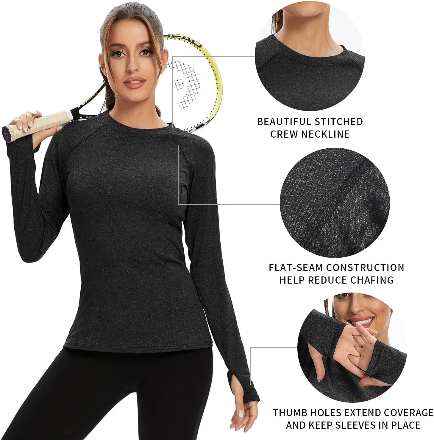 Soneven Women Fleece Thermal Long Sleeve Running Shirt Workout Tops Moisture Wicking Athletic Shirts with Thumb Holes