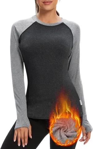 Soneven Women Fleece Thermal Long Sleeve Running Shirt Workout Tops Moisture Wicking Athletic Shirts with Thumb Holes