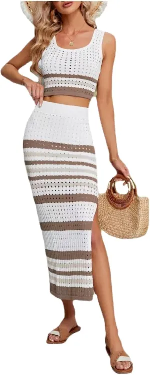 Sumleno Women Striped Crochet Knitted Two Piece Outfits Hollow Out Cami Top and High Waist Split Hem Long Skirt Beachwear