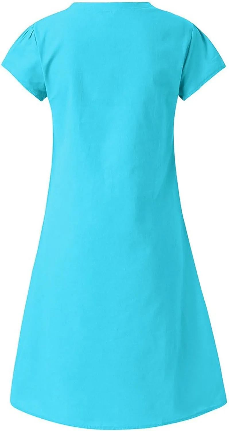 Summer Cotton Linen Dresses Women 2025 Casual Solid V Neck Short Sleeve Dress Slim Beach Vacation Knee Length Dresses