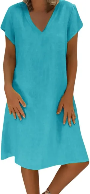 Summer Cotton Linen Dresses Women 2025 Casual Solid V Neck Short Sleeve Dress Slim Beach Vacation Knee Length Dresses
