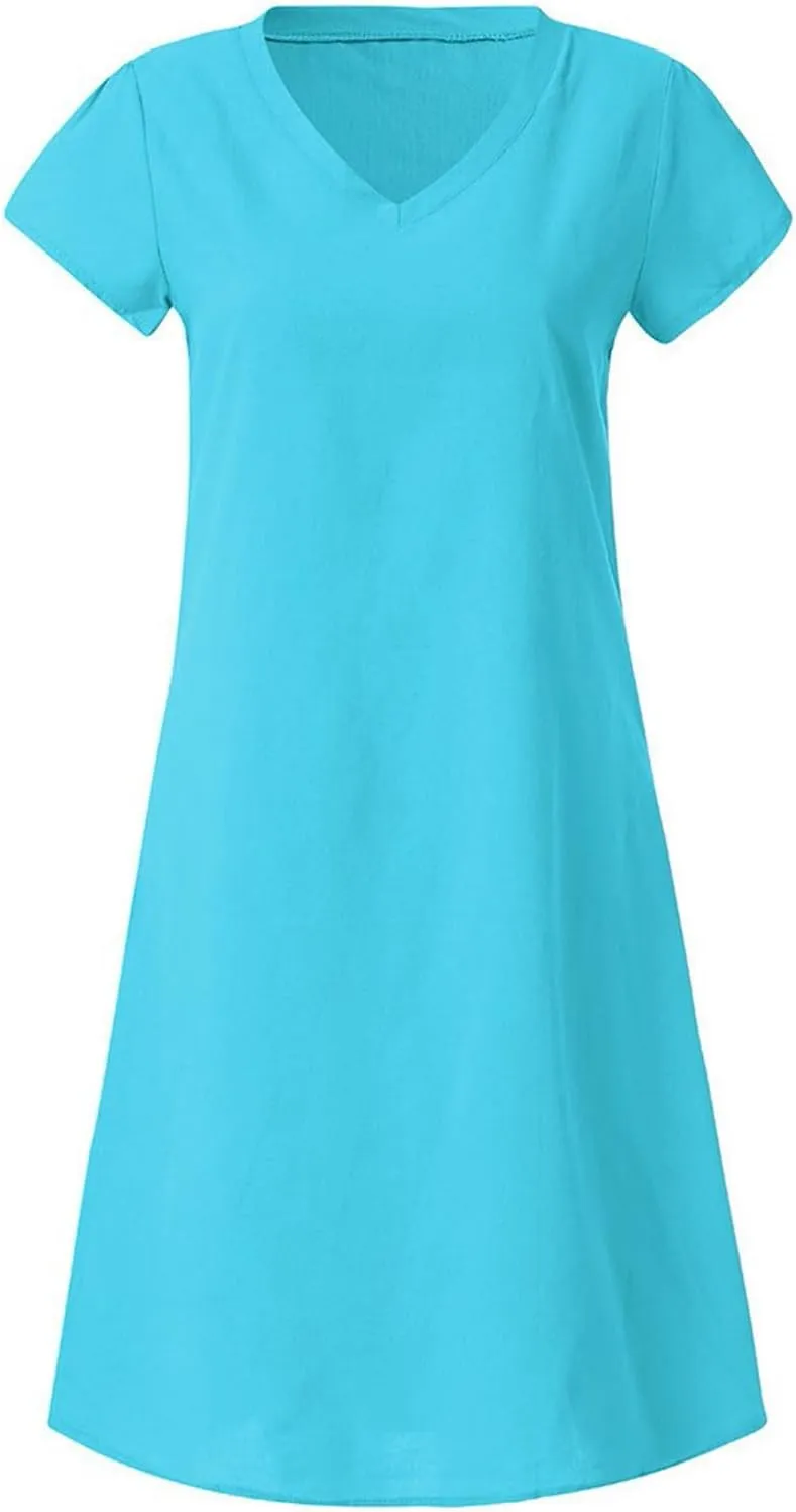 Summer Cotton Linen Dresses Women 2025 Casual Solid V Neck Short Sleeve Dress Slim Beach Vacation Knee Length Dresses