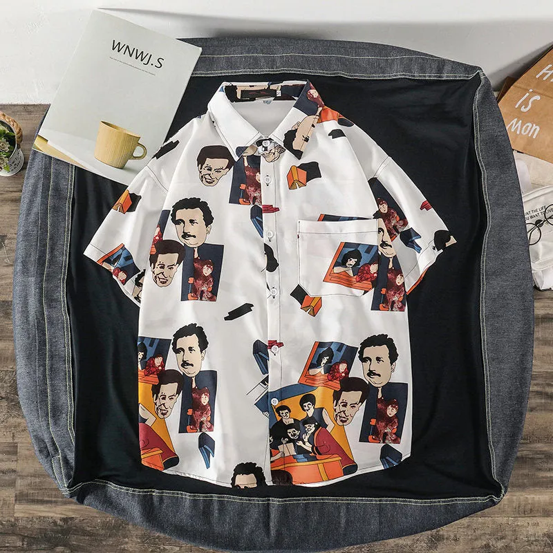 Summer Short Sleeve Shirt Men INS Vintage Funny Couple Printed Trendy Korean Loose Tops Men Shirt