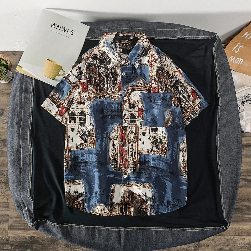 Summer Short Sleeve Shirt Men INS Vintage Funny Couple Printed Trendy Korean Loose Tops Men Shirt