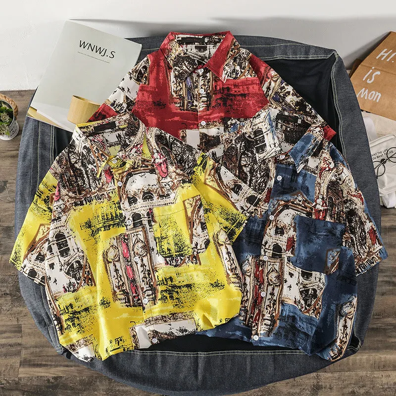 Summer Short Sleeve Shirt Men INS Vintage Funny Couple Printed Trendy Korean Loose Tops Men Shirt