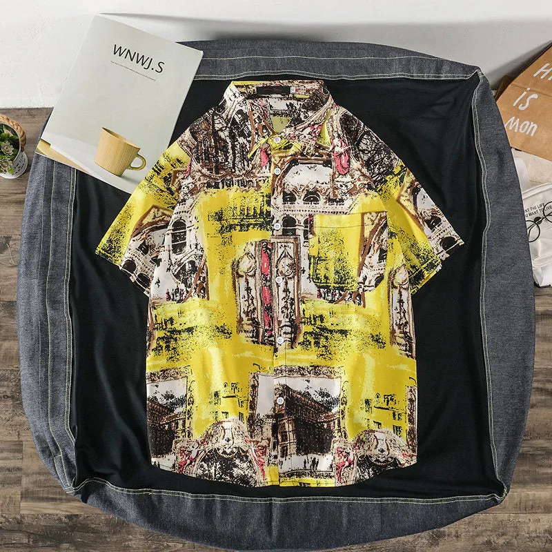Summer Short Sleeve Shirt Men INS Vintage Funny Couple Printed Trendy Korean Loose Tops Men Shirt