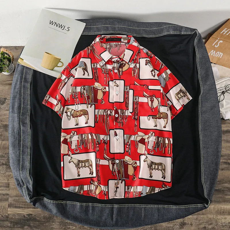 Summer Short Sleeve Shirt Men INS Vintage Funny Couple Printed Trendy Korean Loose Tops Men Shirt