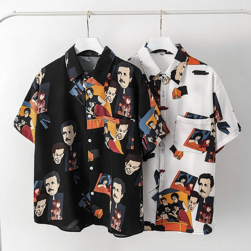 Summer Short Sleeve Shirt Men INS Vintage Funny Couple Printed Trendy Korean Loose Tops Men Shirt