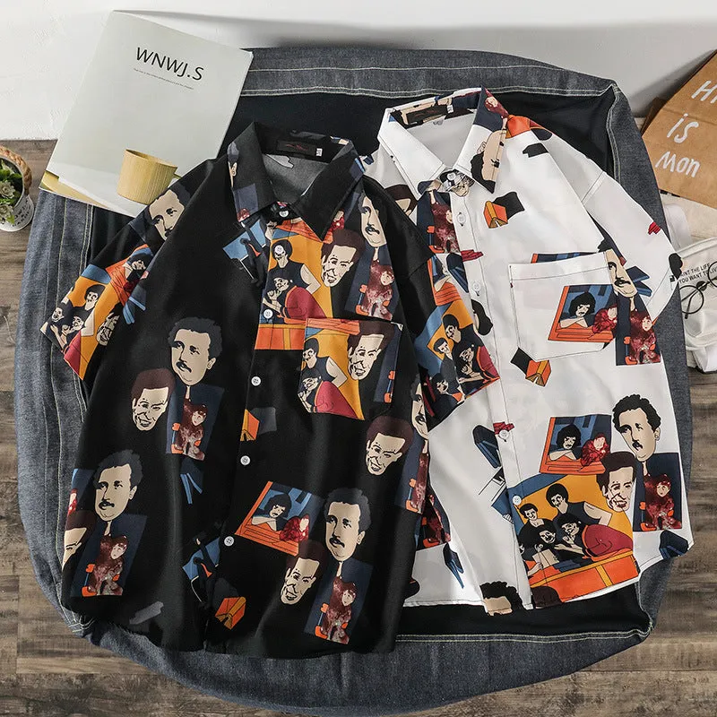 Summer Short Sleeve Shirt Men INS Vintage Funny Couple Printed Trendy Korean Loose Tops Men Shirt
